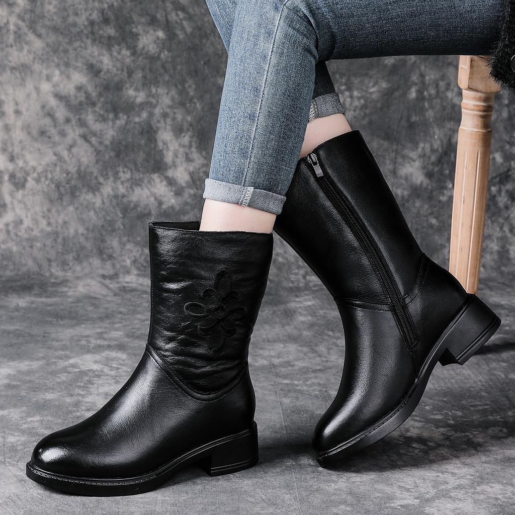 Real wool boots embroidered women's boots medium boots winter new short boots warm fashion mother shoes