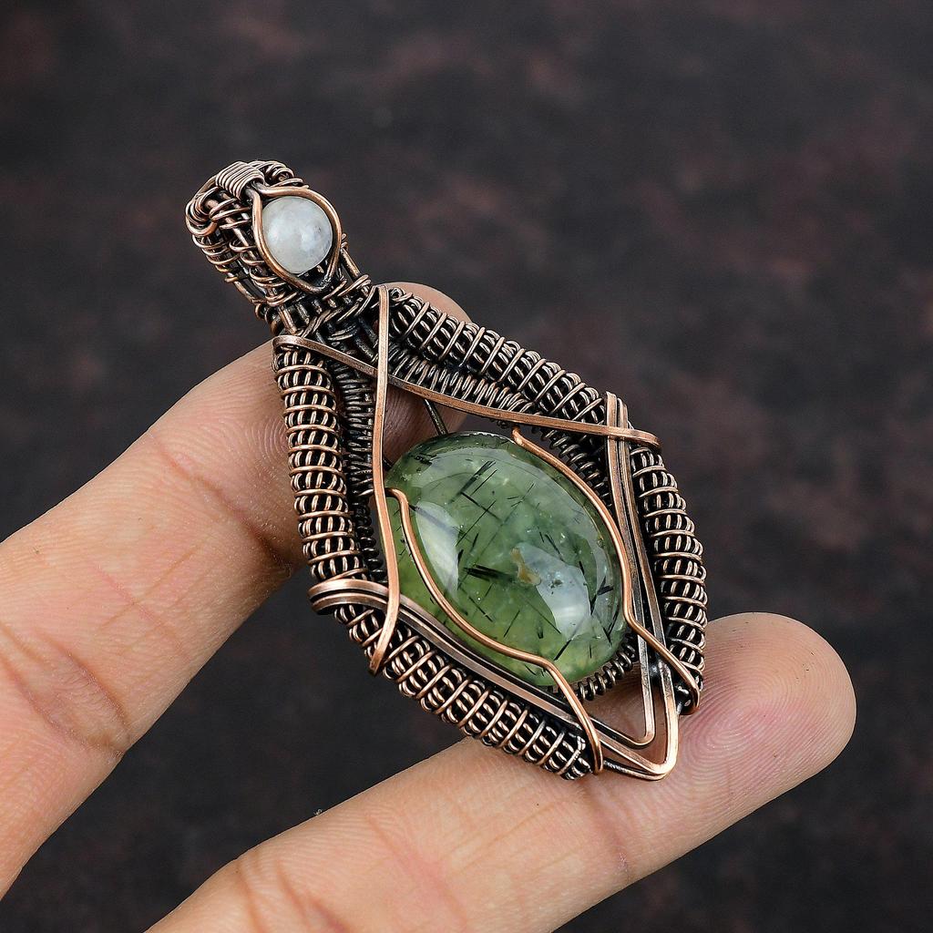 Подвеска из мха-пренита, медная проволока, кулон с драгоценным камнем, ювелирные изделия ручной работы, подвеска из проволоки с радужным лунным камнем, подарок для мамы, медные украшения