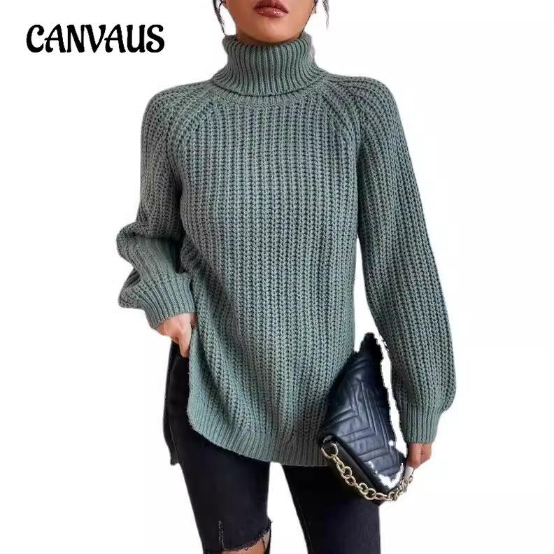 Autumn and Winter Women's Plus Size Knit Sweater Medium Long Shoulder Sleeve High Lapel Split Sweater Dress