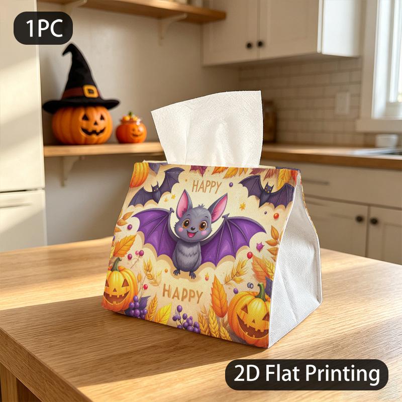 1pc Tissue Box, Cartoon Style Happy for halloween Bat Pattern, 2D Flat Printing, Lightweight, Easy to Carry, Tissue Organizer, for Halloween