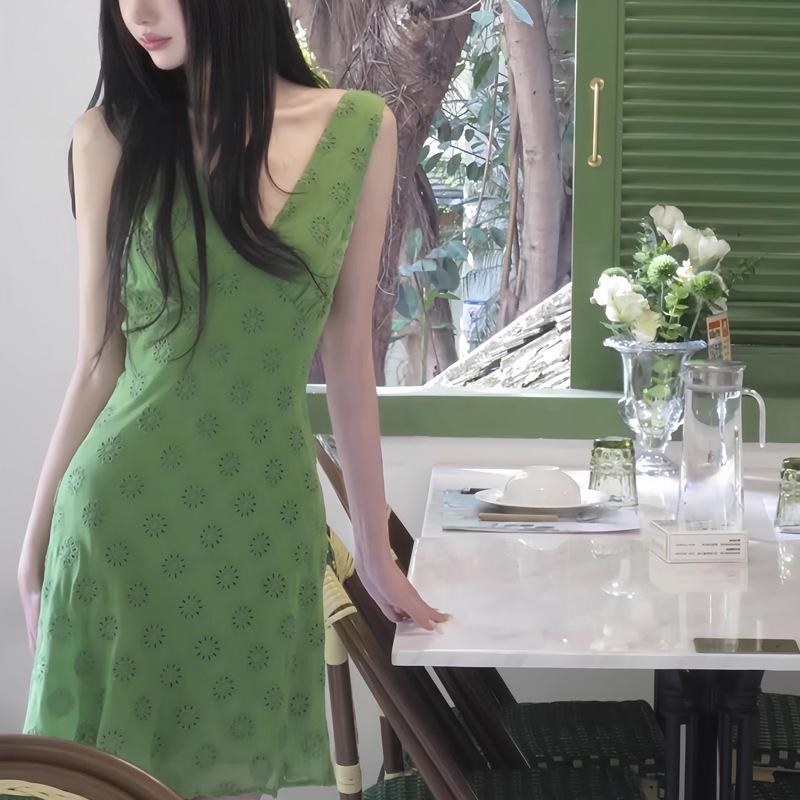Летнее женское французское зеленое платье с v-образным вырезом и талией, тонкий жилет, платье трапециевидной формы
