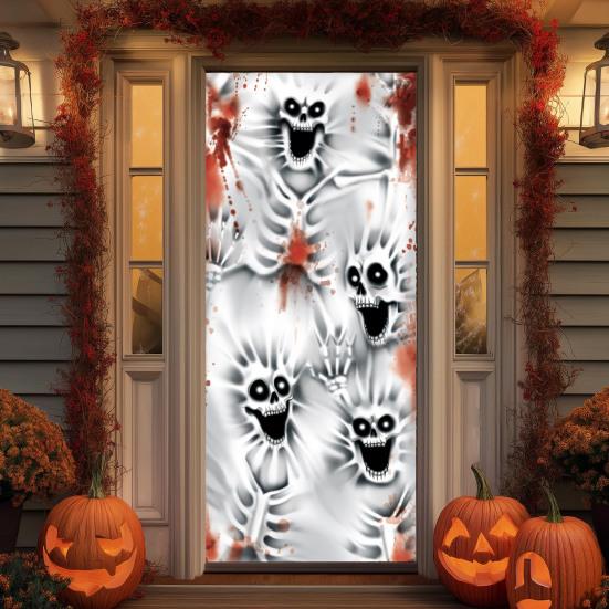 Halloween Door Cover Decoration Creepy Skull Ghost Front Porch Sign Banner for Garage Window Wall Backdrop Decor
