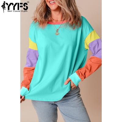 Женская мода повседневная весна-осень цветные блоки блузки и рубашки с длинным рукавом и круглым вырезом