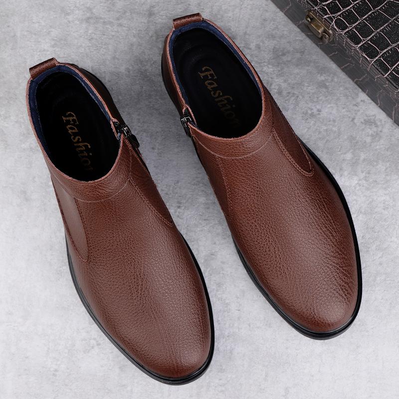 Осень Зима Новые Кожаные Ботинки с Высоким Голенищем Мужские Кожаные Челси на Молнии Модные Мужские Ботильоны Универсальные Деловые Повседневные Боты