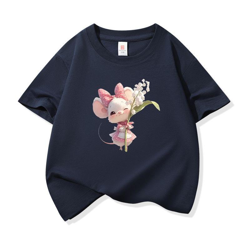Kids Cotton T Shirt Sweet Mouse With Lily Flower Print Crew Neck Short Sleeve Tee Casual Boys Girls Summer Tops
