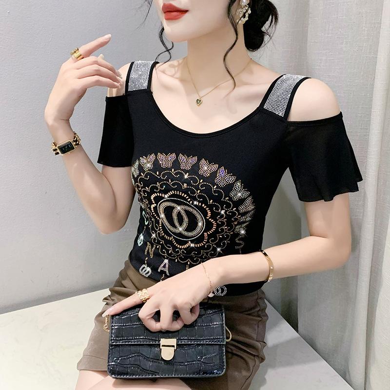 Новая летняя футболка Ice Silk Mesh Heavy Industry для женщин с короткими рукавами и одним плечом Iron Diamond