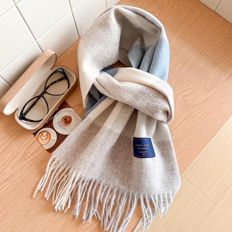 100% Wool Plaid Scarf Men Women Couple Warm Cashmere Blend Checked Winter Neckwear