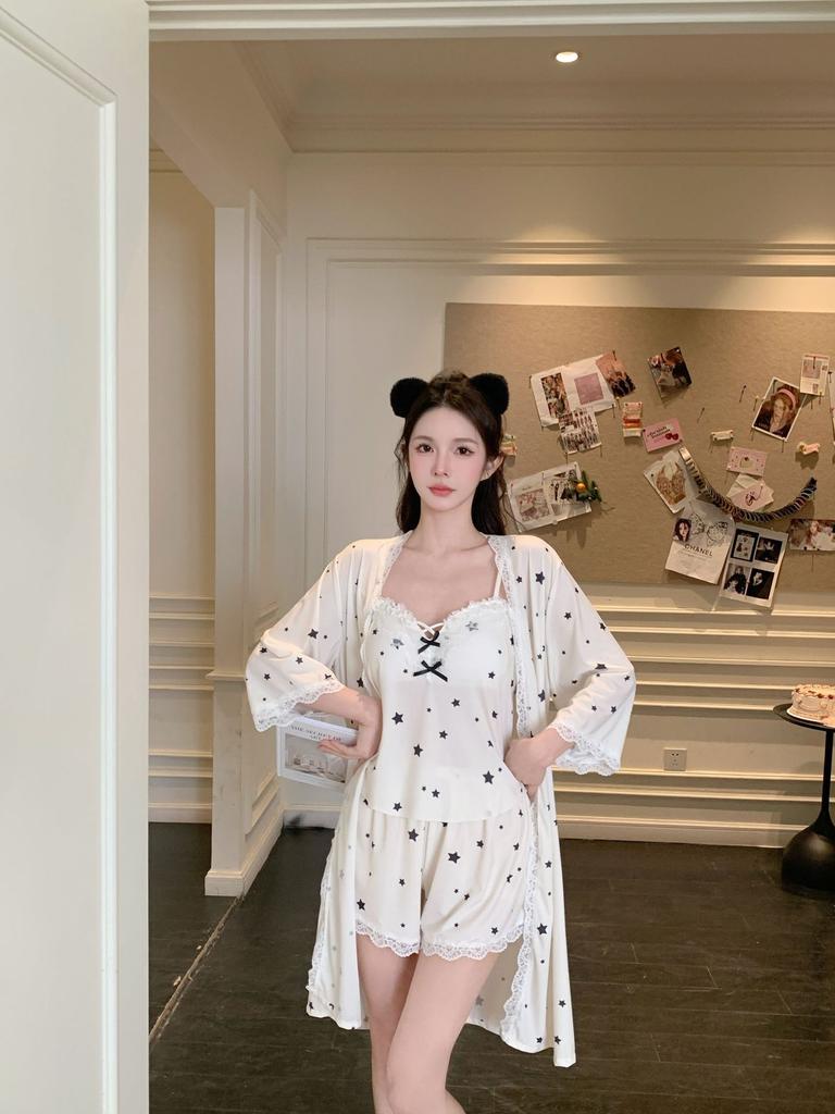 Sexy suspender shorts three-piece loungewear spring new sweet and cute pajama set long-sleeved nightgown pure desire
