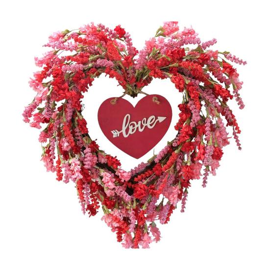 Holiday Wreath Heart Shape Indoor Outdoor Decorative Wreath with Festive Flowers Greenery Home Party Office