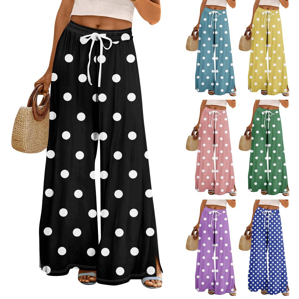 Women Summer Boho Palazzo Pants High Waist Wide Leg Rinting Casual Trousers With Pockets