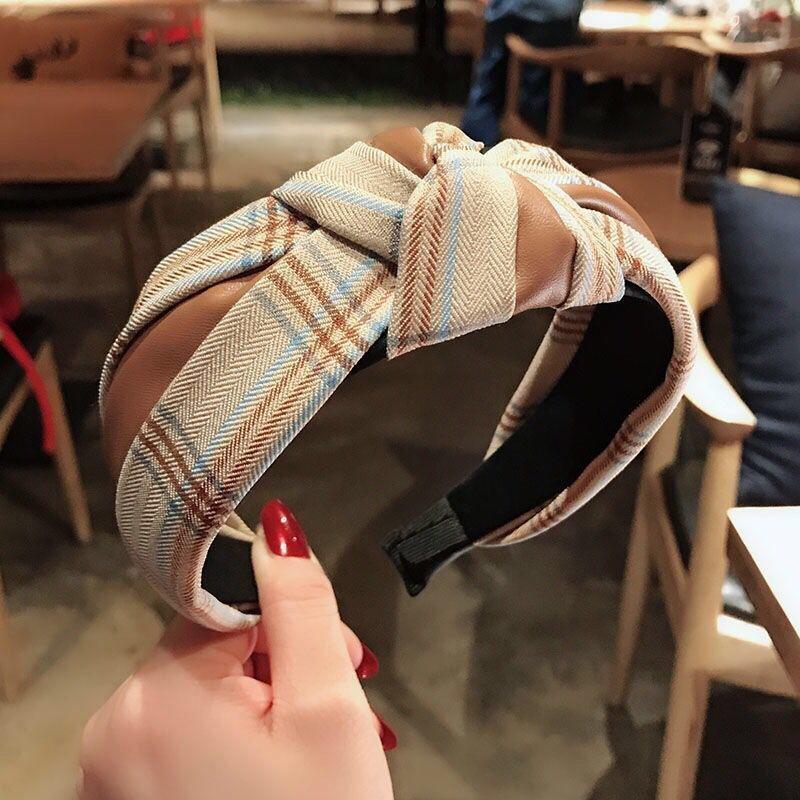 Узкая повязка на голову с узлом из ПУ и клетчатой ткани, лоскутная, заколка для волос, аксессуары для волос