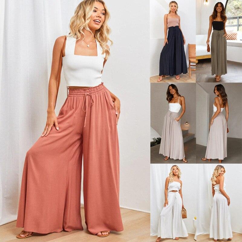 Casual Wide-leg Pants Women Loose Summer Fashion Elastic Waist Trousers Women Apricot High Waist Baggy Pants Ladies Elegant 25997