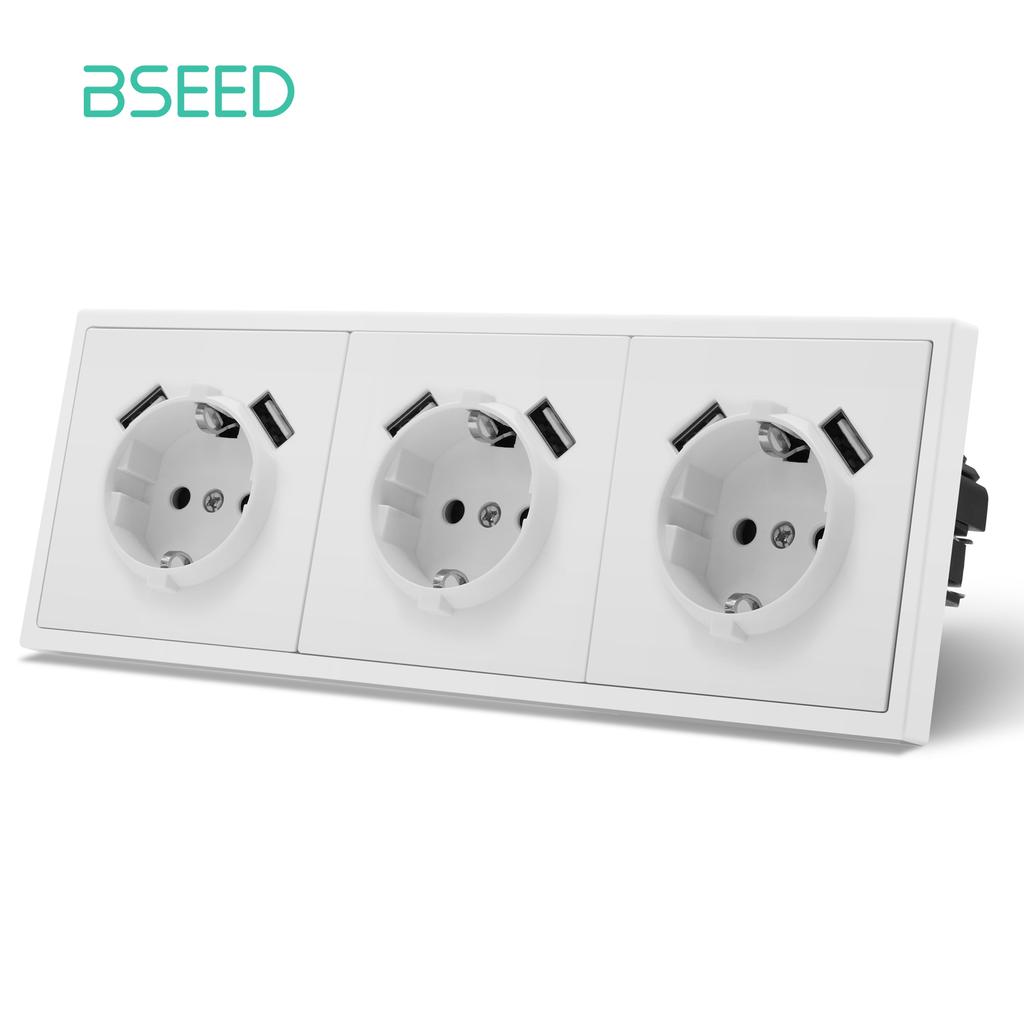 BSEED EU Large Button Wall Switches 1/2Gang 1Way Wall Power Sockets Dual USB Phone Charge Port 5V White Home E-Series