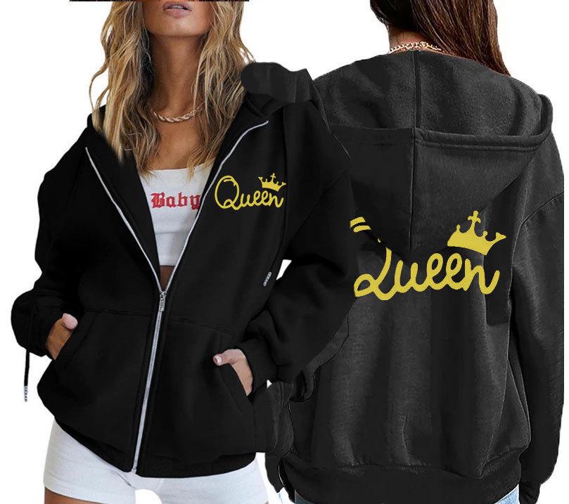 Queen Crown Print Women's Zipper Pocket Hoodie and Baseball Jacket.