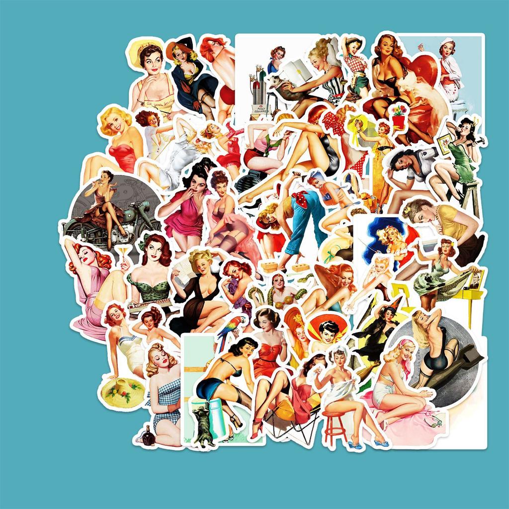 Retro Pin-Up Girl Waterproof Sticker, Colorful 50PCS