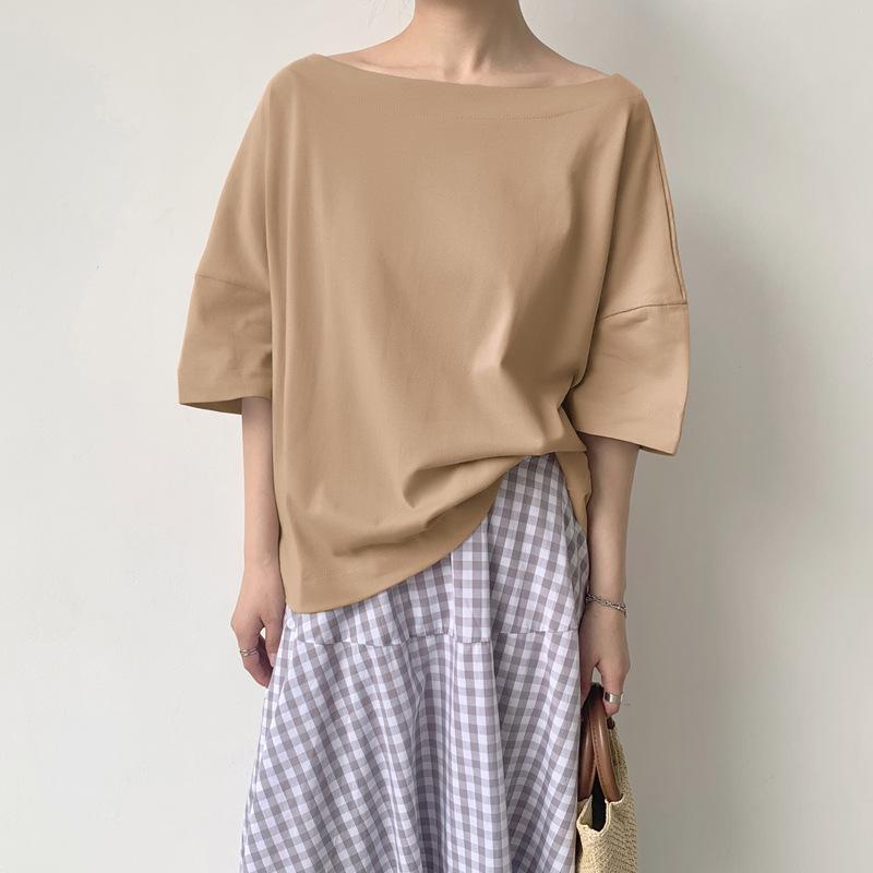 Новая летняя стильная японская однотонная футболка с коротким рукавом и воротником, простая однотонная повседневная свободная трикотажная футболка с рукавом пять четвертей для женщин