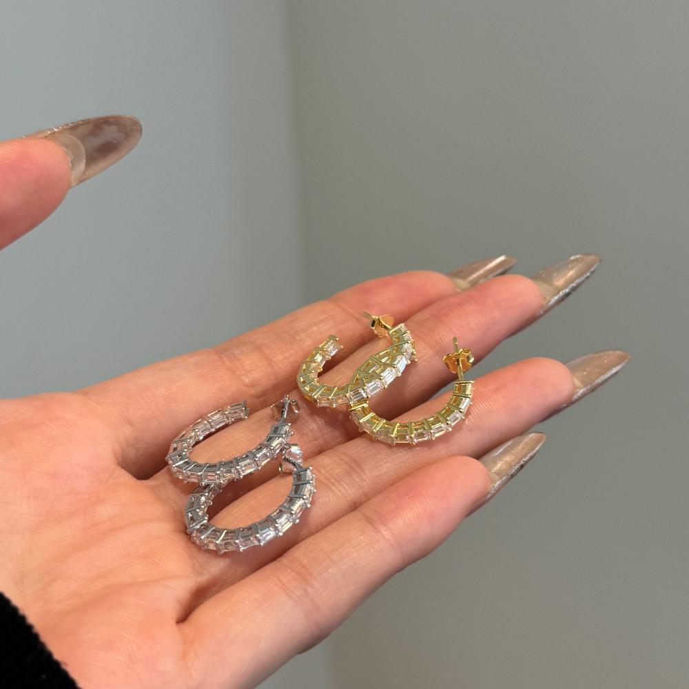 Dylam Minimalist Design 14K Gold Cubic Zirconia Sparkling 925 Silver Hoops Earrings Display