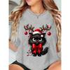 Ladies' Christmas Cat T-shirt, Cute, Comes with a Christmas Hat and Antlers, Perfect for Holiday Parties and Daily Wear