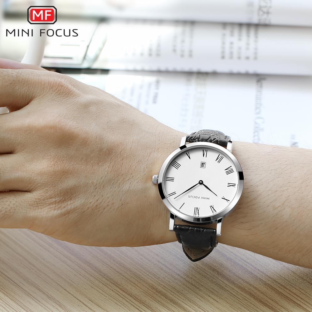 MINI FOCUS Простые мужские часы с календарем, водонепроницаемый кожаный ремешок, кварцевые часы, мужские кварцевые часы