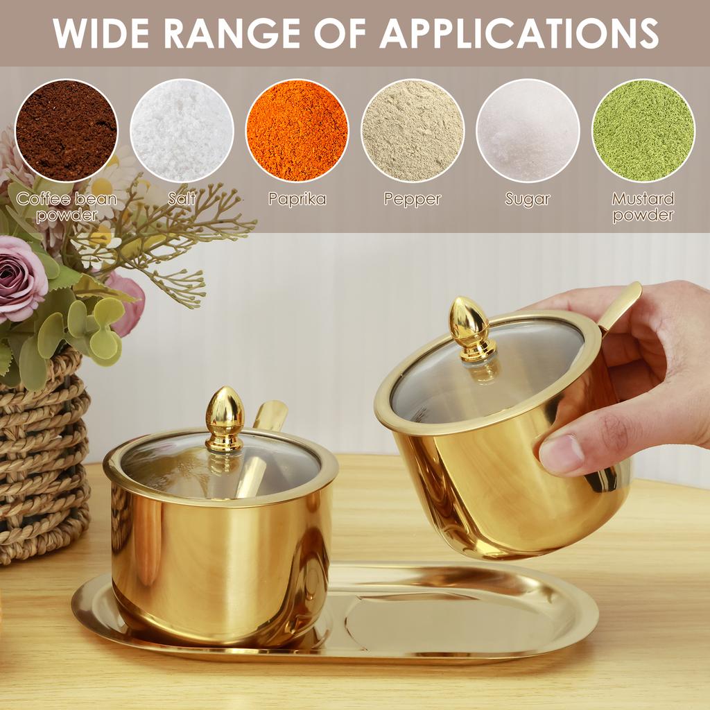 Набор из 1/2 шт. мисок для сахара из нержавеющей стали со стеклянной крышкой и ложкой, нержавеющая коробка для приправ, круглые емкости для приправ, полированный блестящий сахар