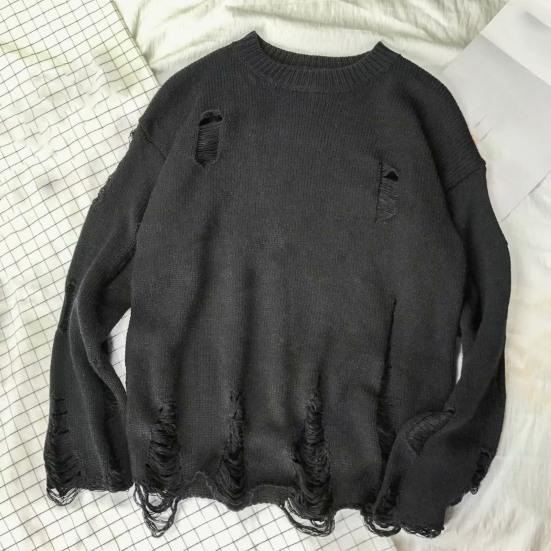 Men Sweater Solid Color Ripped O Neck Oversized Couple Sweater