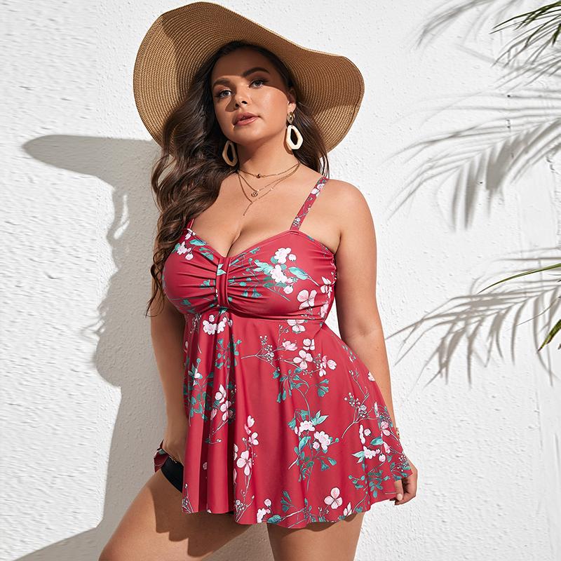 Женский танкини с цветочным принтом больших размеров, купальник с контролем живота, топ на бретелях, купальник в стиле ретро с принтом, купальный костюм из двух предметов