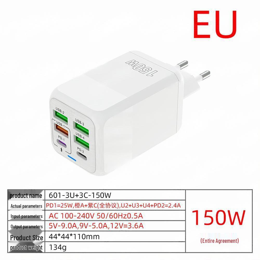 Многопортовое зарядное устройство 200 Вт: 3 USB + 3 PD, Быстрое зарядное устройство 6-в-1 для мобильных телефонов, 5 В/2,4 А, Стандарты ЕС/США/Великобритании