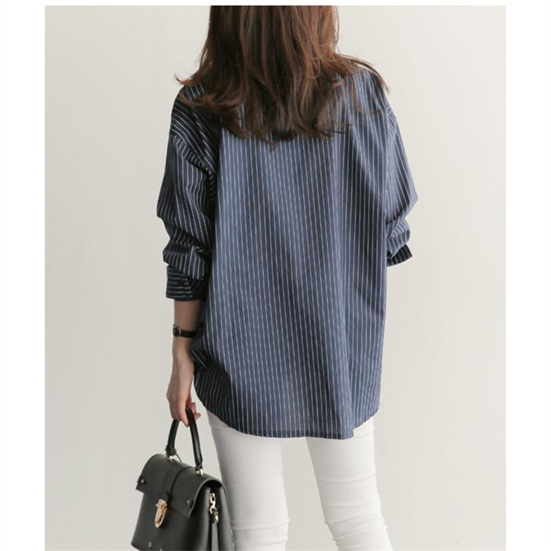 Женская синяя рубашка в стиле BF с отложным воротником, белый топ средней длины с длинными рукавами, однобортная осенняя свободная блузка в полоску в стиле ретро