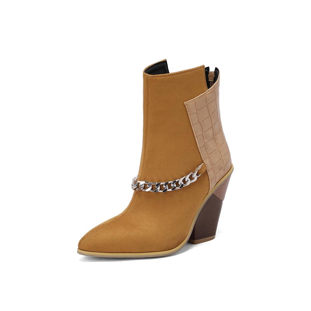 Krazing Pot Polyurethane Autumn Winter Shoes 47 Size 48 Super Size Wedges Pointed Toe Metal Chains Mid-calf Boots