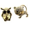 [P8130] - 2 Golden 'Owl & Cat' Pin Brooches - Cat 20x20 Mm Owl 18x12 Mm