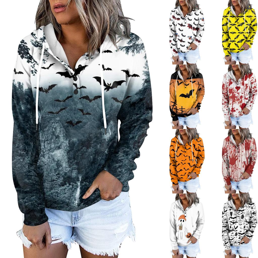 Women's Fashion Slim Fit Long Sleeve Halloween Print Hooded Sweatshirt Top