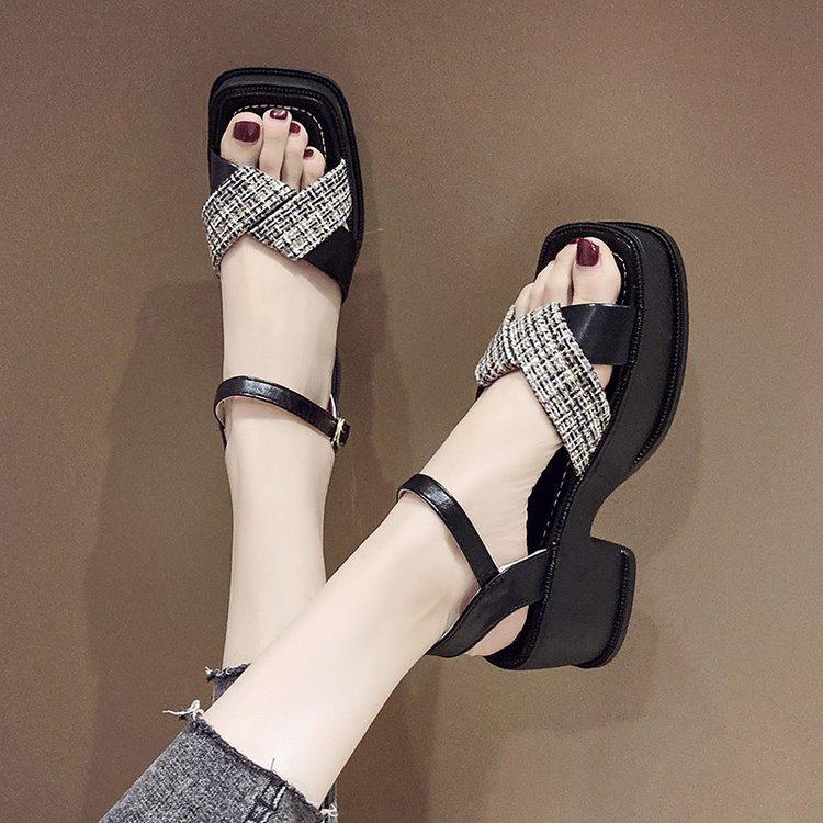 Fashion Thick Soled Sandals for Women 2025 Spring/summer New Korean Version Checkered Color Blocked Thick Heel Square Toe Sandals