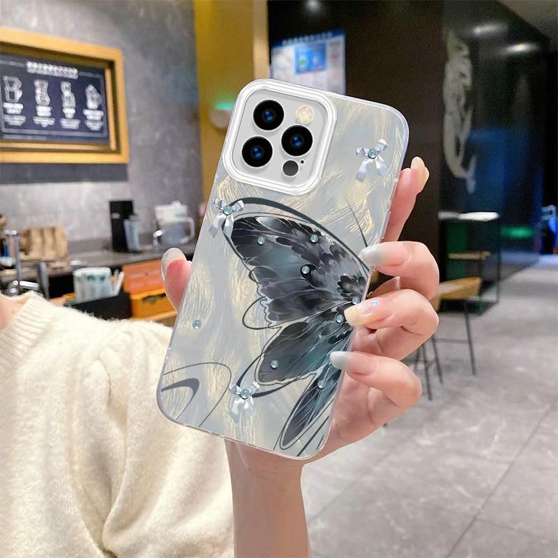 Upgraded Glitter Silver Case Painted Butterfly Printed Protective Shell Shockproof Full Back Cover for iPhone Samsung