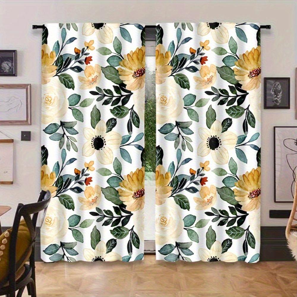 2Pc Yellow Floral And Green Leaf Pattern Curtains, Polyester Fabric, Machine Washable, Suitable For Living Room, Bedroom