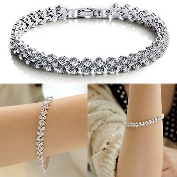 Women Roman Chain Clear Crystal Bangle Rhinestone 3 Layers Bracelet ARI