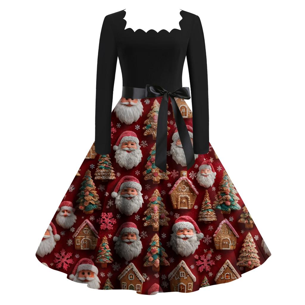 Женское модное ретро вечернее платье с длинным рукавом, квадратным вырезом и рождественским принтом