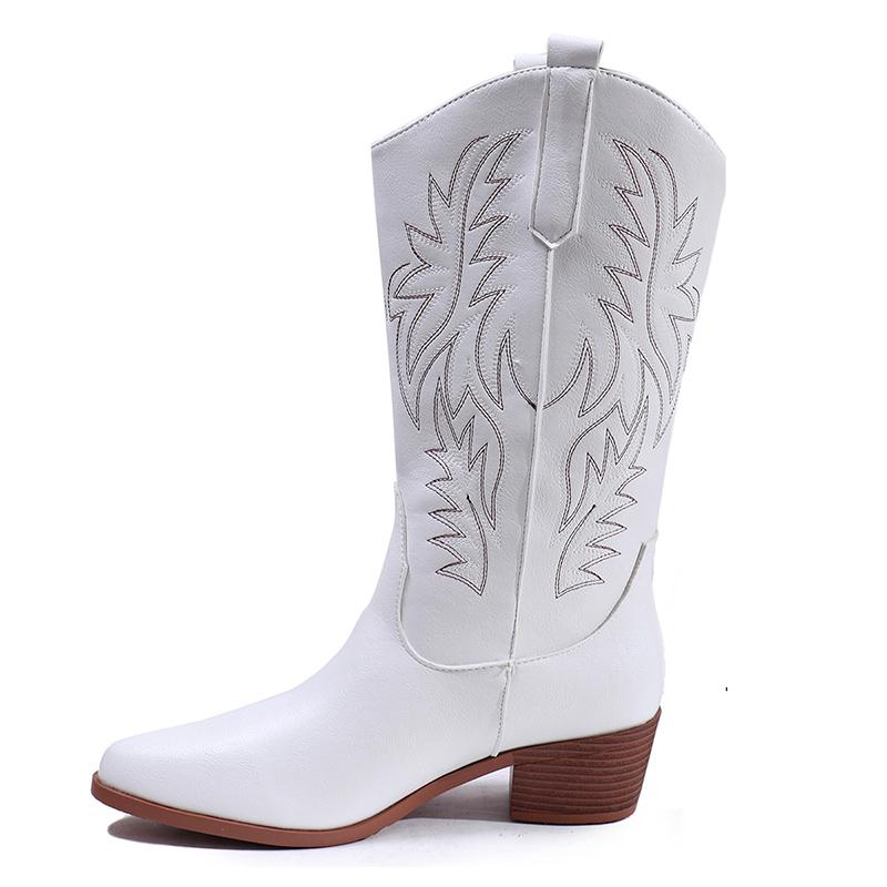 Fashion Women PU Leather Pointed Toe Mid Calf Boots Vintage Embroidery Western Ladies Boots 2024 Autumn Square Heel Slip On Boots Mujer