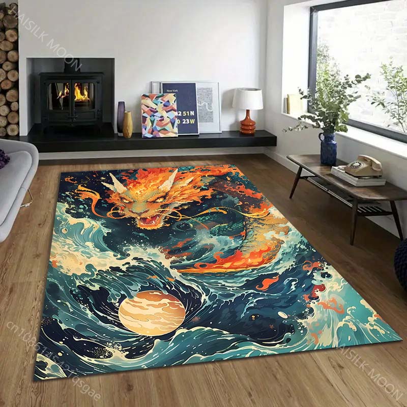 1PC Fiery dragon with waves and moon Print Carpet Rug for Living Room Bedroom Sofa Doormat Home Decor Non-slip Floor Mat