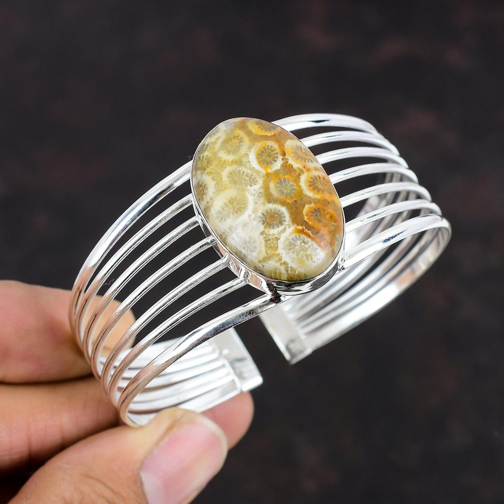 Браслет из ископаемого коралла, регулируемый браслет-манжета, серебряный браслет 925 пробы, ювелирные изделия ручной работы, очень красивый браслет-манжета с драгоценными камнями, подарки для матери