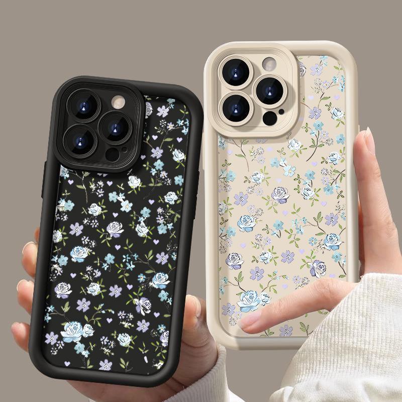 Синий матовый чехол для телефона с цветочным узором для iPhone 16 Pro Max 15 Pro 14 13 12 11 XS XR 8 7 защита линз TPU противоударный мягкий силиконовый бампер чехол