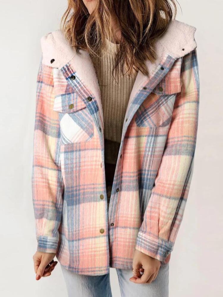 Autumn and Winter Women's Plaid Jacket Long Sleeved Hairy Hooded Jacket with Pockets