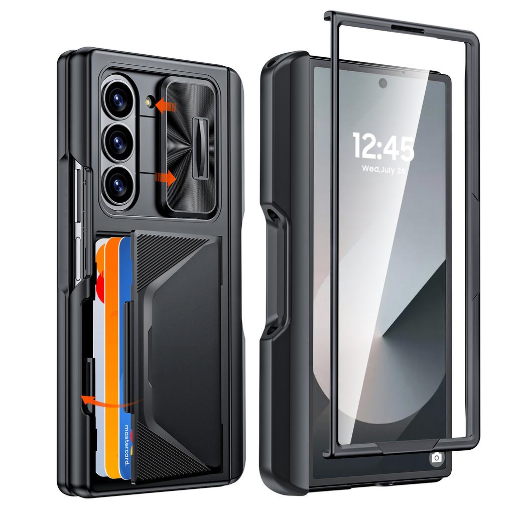 For Samsung Galaxy Z Fold 6,Back Card Pack,Integrated Pen Slot,Full Coverage 9H Protective Film,Shockproof Phone Case-Black