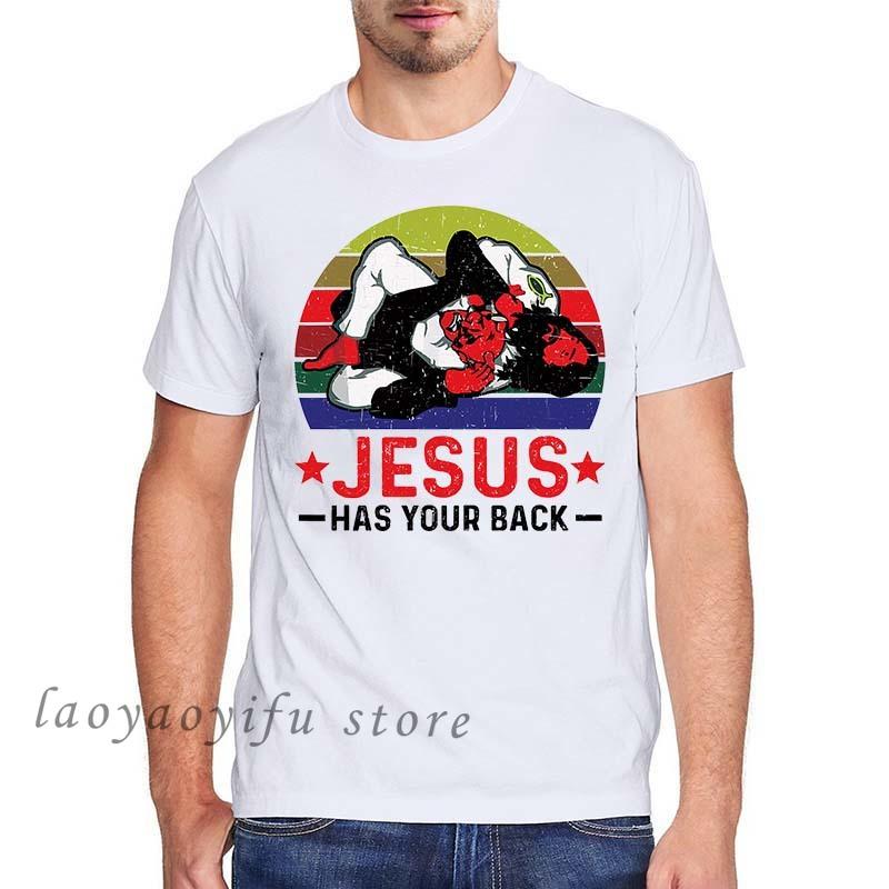 Men Clothing Jesus Has Your Back Jiu Jitsu Vintage Christian Short-sleev Tops Male Kawaii Clothing Oversized T Shirt Ropa Hombre