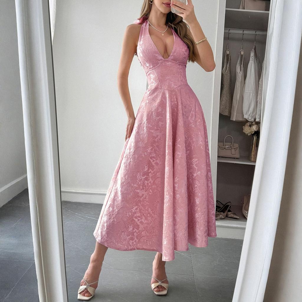 Женское модное однотонное элегантное платье с темпераментом, с вырезом на шее и поясом