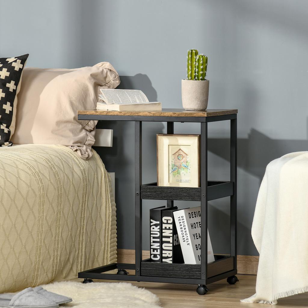 Mobile Sofa Side Table, Industrial C-Shaped Rolling Table with 3-Tier Storage Shelving, Four Lockable Wheels Steel Frame, Dark Brown