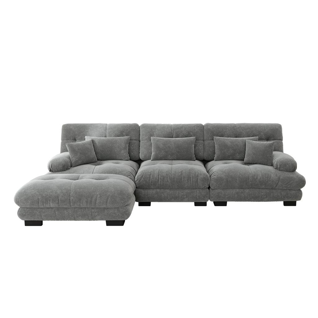 Luxurious Modular Corner Sofa - Oversized L-Shaped Cloud Couch for Living Room, Deep Sleeper Sofa with Ottoman, Corduroy, Chenille Grey