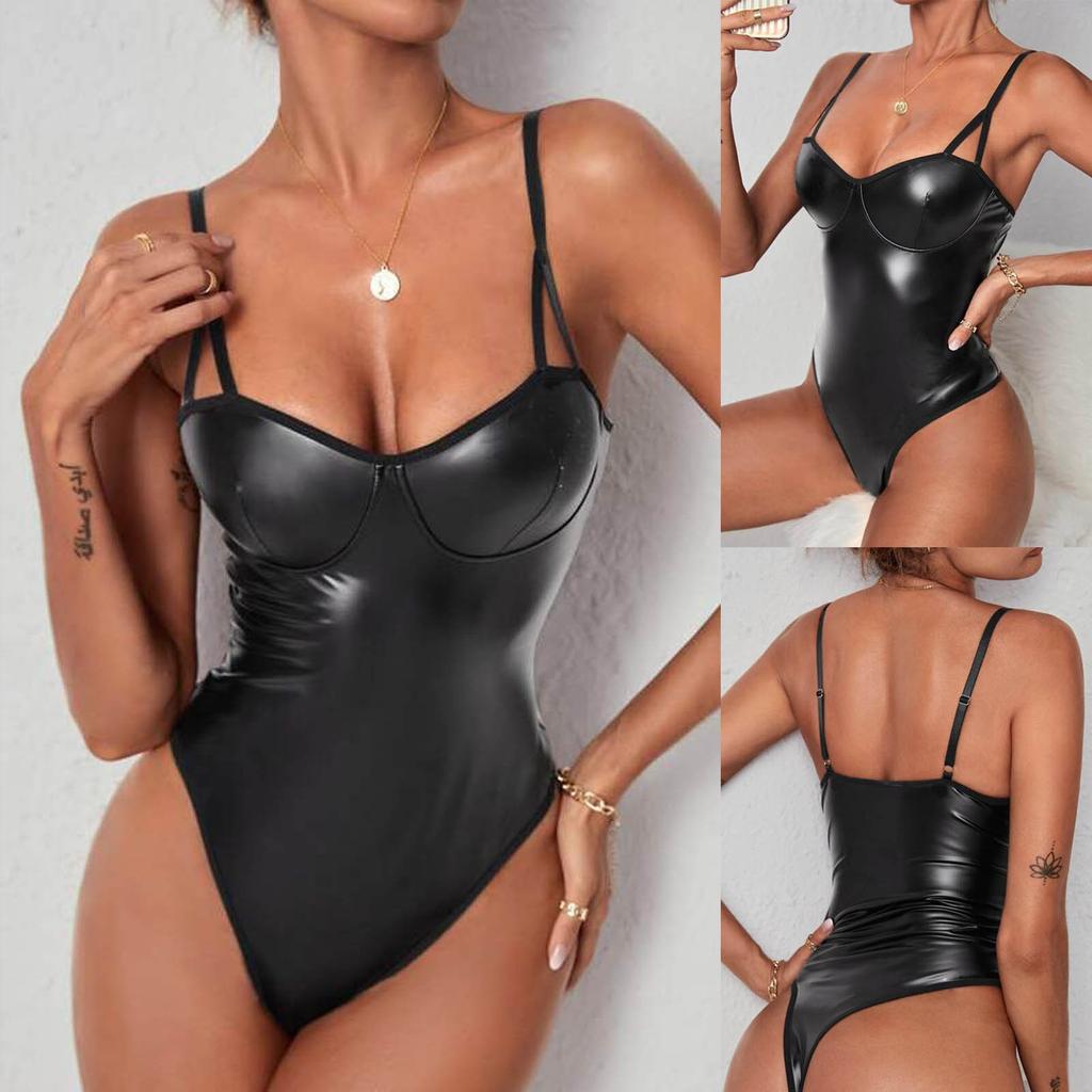 Women's Sexy Lingerie Bodysuit Sling Open Back Leather Bodysuit Set