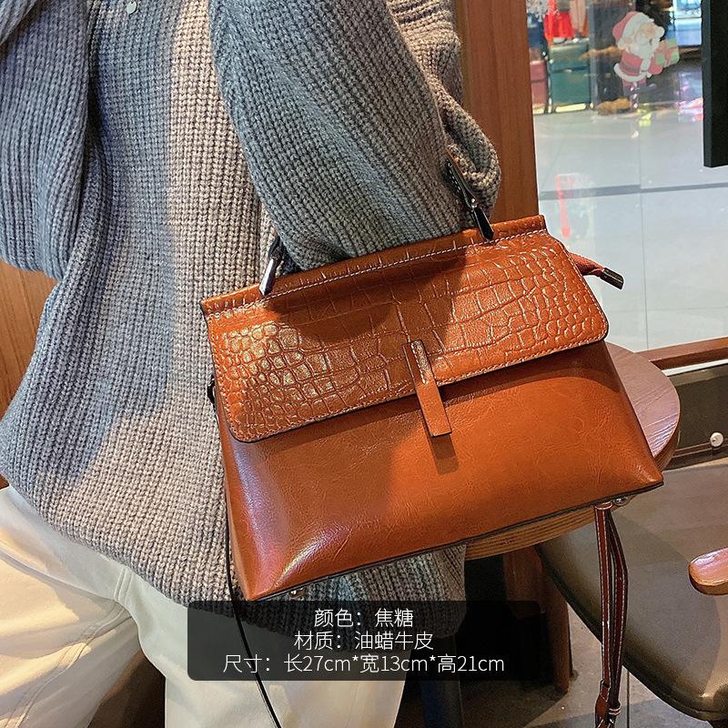 New Oil Wax Cowhide One-shoulder Diagonal Strap Bag Genuine Leather Women's Bag Crocodile Pattern Fashionable Temperament Women's Handbag