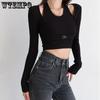WTEMPO Женские вязаные укороченные топы из двух предметов с лямкой на шее, женские повседневные однотонные тонкие рубашки с длинными рукавами, Клубная одежда, уличная одежда