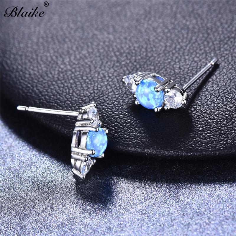 Серьги из стерлингового серебра 925 пробы, круглые, белые, синие серьги с огненным опалом для женщин, маленькие серьги с цирконом, двойные серьги, женские украшения